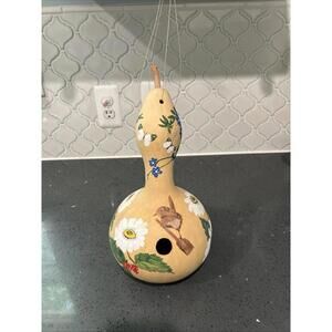 Hand Painted Gourd Birdhouse Bird White Flowers Folk Art 13”